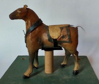 Rare Old Antique Paper Mache Or Composition Horse Pull Toy,  Saddle & Stand
