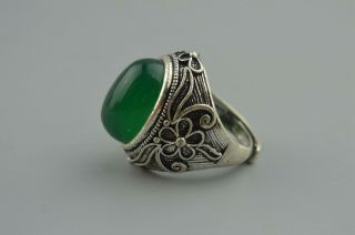 Collectable China Miao Silver Armor Jade Carve Flower Happiness Amulet Old Ring