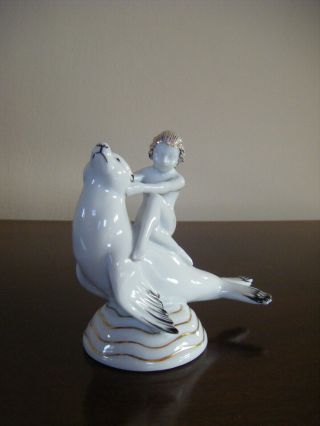 Vintage Fraureuth German Girl Rides On The Seal Figurine Signed