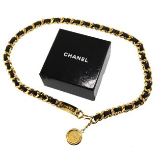 Chanel Cc Logos Gold Chain Belt Black Leather Vintage France Authentic Y542 M