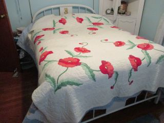 Vintage Hand Quilted & Appliquéd Embroidered Red /pink Poppies Quilt 70 " X 90 "