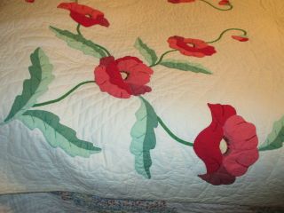 Vintage Hand Quilted & Appliquéd Embroidered Red /Pink POPPIES QUILT 70 