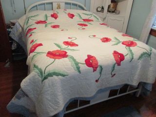 Vintage Hand Quilted & Appliquéd Embroidered Red /Pink POPPIES QUILT 70 