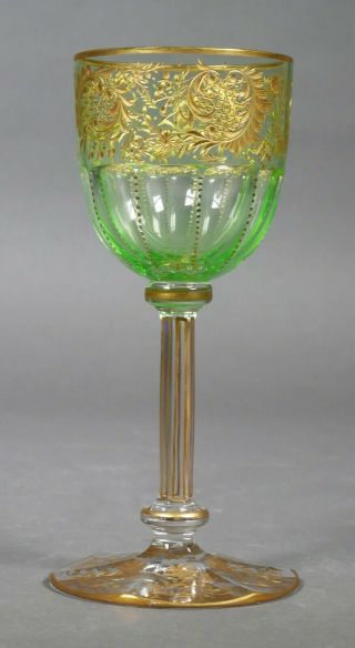 Vintage Moser Style Bohemian Art Glass Wine Hock Green With Gold Paint