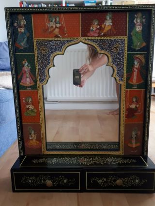 Indian Antique Vintage Wood Mirror With Hand Painted Figures