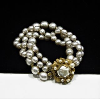Vintage 1940s Miriam Haskell 3 Strand Baroque Pearl Gold Filigree Bracelet A25