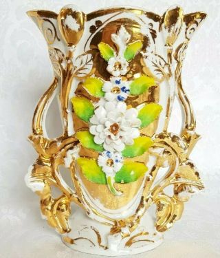 Antique Italian Gold Gilded Figural Porcelain Vase W/applied Flowers Mantle Deco