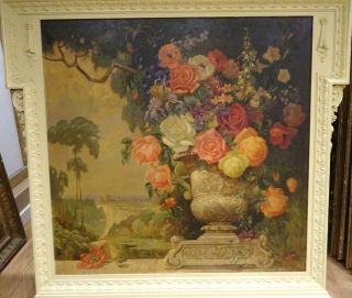 Huge 19th Century French School Still Life Flowers Vase Antique Oil Painting