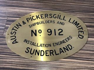 Rare Vintage Brass Ships Plate - Austin Pickersgill Sunderland No 912 - Sd 14 ?