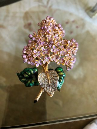 Vintage Rare Joan Rivers Lavender Enamel Lilac Flowers Rhinestone Brooch