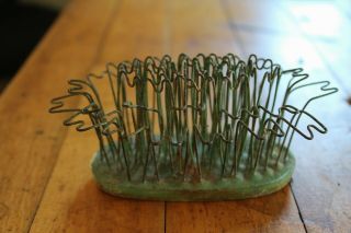 Vintage Blue Ribbon Flower Holder Frog Green Painted Brass Hairpin Wire