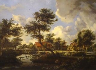 Large 19th Century Dutch Old Master Woodland River Landscape Meindert Hobbema