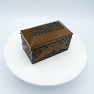 Antique Arts & Crafts Style Copper Chest Trinket Box W/metal Design Overlay,  Nr