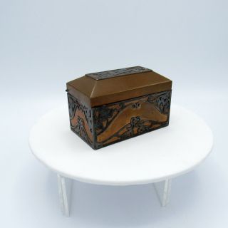 Antique Arts & Crafts Style Copper Chest Trinket Box w/metal design overlay,  NR 3