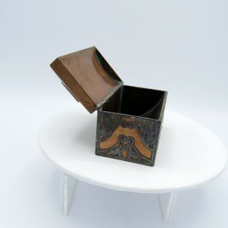 Antique Arts & Crafts Style Copper Chest Trinket Box w/metal design overlay,  NR 5