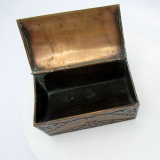 Antique Arts & Crafts Style Copper Chest Trinket Box w/metal design overlay,  NR 6