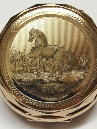 ANTIQUE 14K GOLD POCKET WATCH WITH HORSE SCENERY,  74 GRAMS.  SCRAP 4