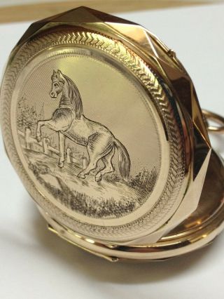 ANTIQUE 14K GOLD POCKET WATCH WITH HORSE SCENERY,  74 GRAMS.  SCRAP 9