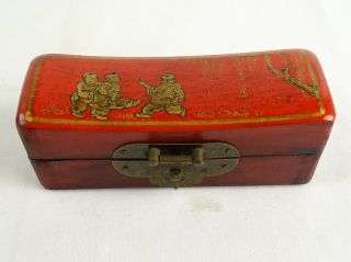 Vintage Chinese Red Lacquer Hand Painted Timber Box Pillow China With Lock