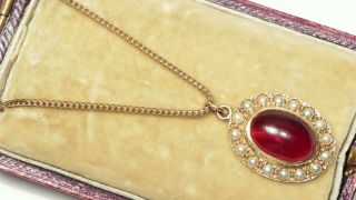 Splendid Antique Cabochon Garnet & Pearl 9ct Gold Pendant & Snake Necklace