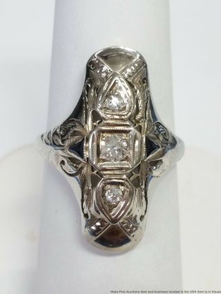 18k White Gold Antique Edwardian Art Deco Long Wide Diamond Sapphire Ring Sz 7.  5
