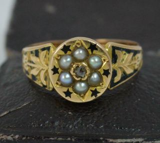 Rare 18 Carat Gold Diamond Pearl & Enamel Mourning Stack Band Ring P0542