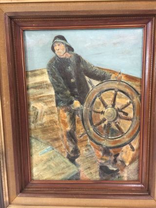 Vintage Painting Sailor Sea Captain Nautical Oil Canvas Framed Signed 2