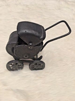 Antique Vintage Cast Iron Baby Carriage Stroller Black Moving Wheels Heavy