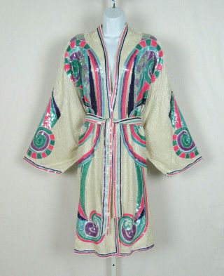 Vtg 1980s Judith Ann Plus 3x Silk Sequin Beaded Coat / Cover / Dress & Belt