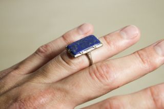 Vintage Art Deco 14k White Gold Lapis Lazuli Ring Size 4