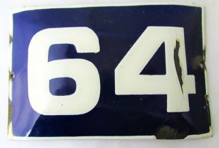 Vintage Enamel Porcelain Sign House Door Number 64 Classical Cobalt Blue R