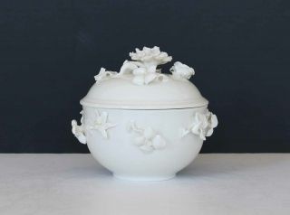 Nymphenburg Blanc De Chine Porcelain Covered Bowl With Applied Flowers Germany