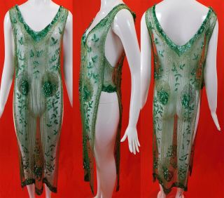 Vintage 20s Art Deco Emerald Green Sheer Net Sequin Beaded Tabard Flapper Dress