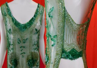 Vintage 20s Art Deco Emerald Green Sheer Net Sequin Beaded Tabard Flapper Dress 2
