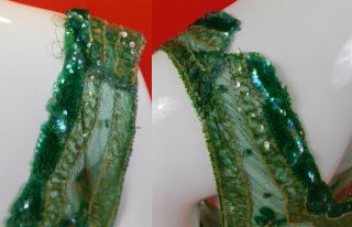 Vintage 20s Art Deco Emerald Green Sheer Net Sequin Beaded Tabard Flapper Dress 4