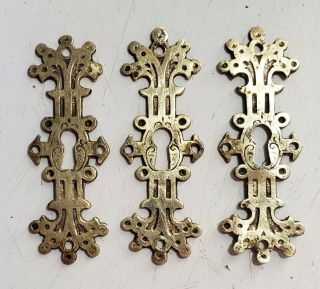 3 Vintage Ornate Brass Skeleton Keyhole Door Plates Key Hole