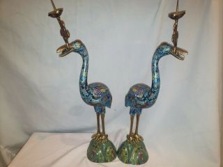 19.  5 " Vintage Pair Chinese Cloisonne Crane Candlestick Holders