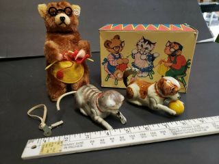 Vintage Tin Toys Wind Ups Knitting Bare Roll Over Cat & Dog Germany