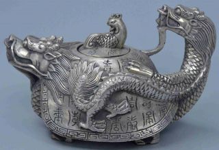 Auspicious China Collectable Miao Silver Carve Exorcism Dragon Tibet Tea Pot