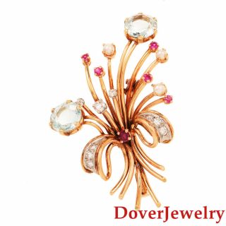 Vintage Diamond Ruby Aquamarine Pearl 18k Gold Floral Bouquet Pin 12.  8 Grams Nr
