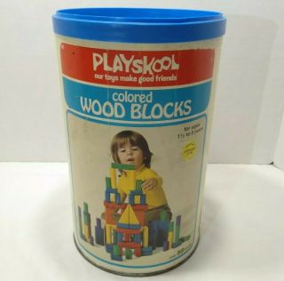 Vintage Playskool Wood Colored Blocks 1976 With Canister Playschool Preschool