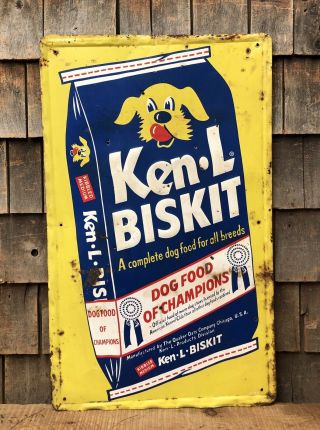 Vintage 50s Ken - L Biskit Dog Food Advertising Sign Animal Feeds Pet Store