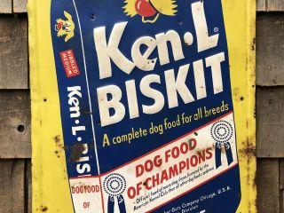 Vintage 50s KEN - L Biskit Dog Food Advertising Sign Animal Feeds Pet Store 3