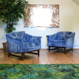 Vintage Adrian Pearsall Dark Blue Striped Velvet Mid Century Modern Club Chairs
