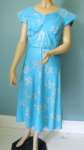 1950s Vintage Hawaiian Cotton Tiki Turquoise Gold & Silver Floral Dress Xxl Xl