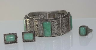 Antique Vintage Chinese Silver Filigree Jade Gilt Bracelet Ring Earrings Set