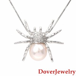 Estate Diamond Pearl 14k White Gold Spider Pendant Chain Necklace Nr