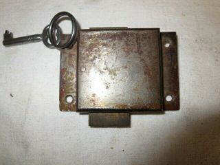 Vintage Steel Lock With Brass Slide And Key For Cabinet - Desk - Drawer
