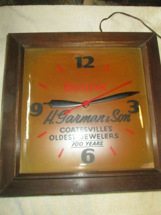 Vintage Bulova Coatesville Pa Garman & Son Jewelers Advertising Clock Sign