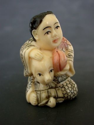 Japanese Ivory Colored Bone Netsuke - Girl On Turtle With Pig Offer Peach,  Take It